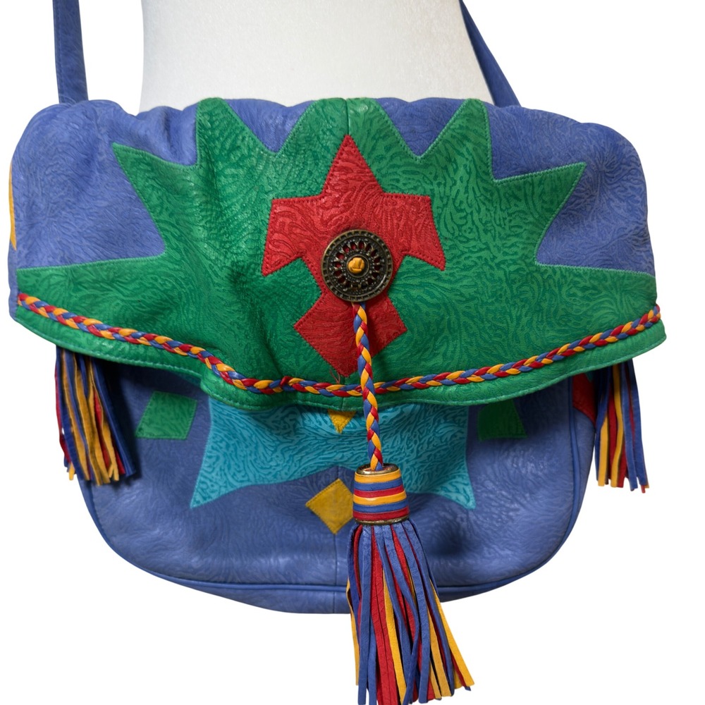 Viva Bags of California Vintage 80s Patchwork Leather Crossbody Tassel Bag Blue